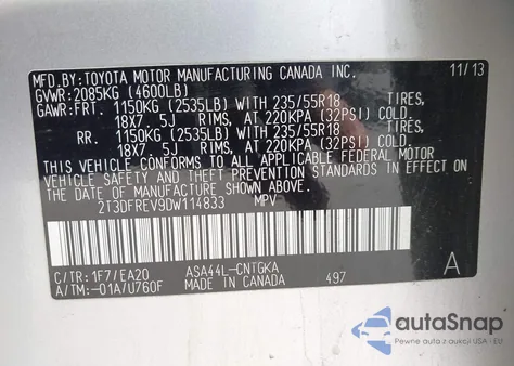 2013 Toyota Rav4 Limited z USA, uszkodzony, nr VIN 2T3DFREV9DW114833